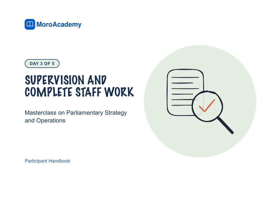 The handbook page: Day 3. Supervision and complete staff work. Assign work clearly, guide it, then review and clear a recommendation the decision-maker can act on.