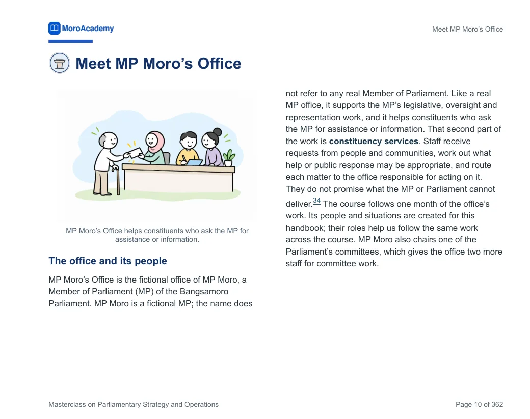 The handbook page: Meet MP Moro's Office. A fictional office, the practice scenario you work through
